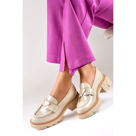 Lacquered beige fashionable women's loafers 1