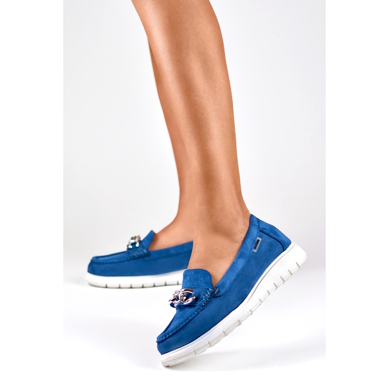 Women's navy blue loafers on a low platform 2