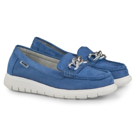 Women's navy blue loafers on a low platform 1