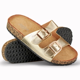 Gold flip flops on a cork sole golden 1