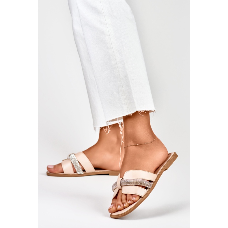 Ladies' beige sliders with sequins 1