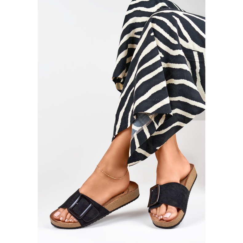 Ladies' black sliders with a buckle 1