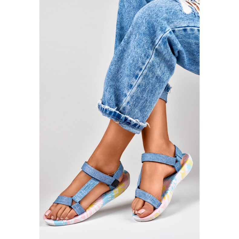 Women's sports denim sandals with velcro blue 1