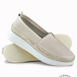Women's beige openwork leather shoes 1