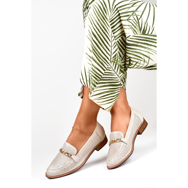 Women's openwork shoes made of natural leather beige 1