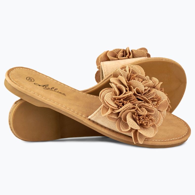 Women's flat floral slippers brown 1