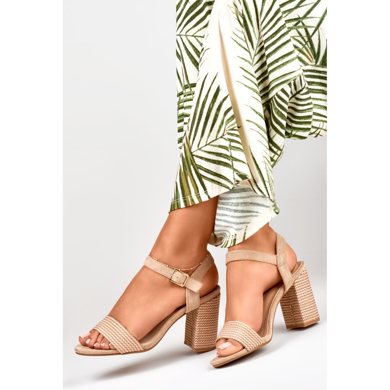 Ladies' beige suede sandals on the post 2
