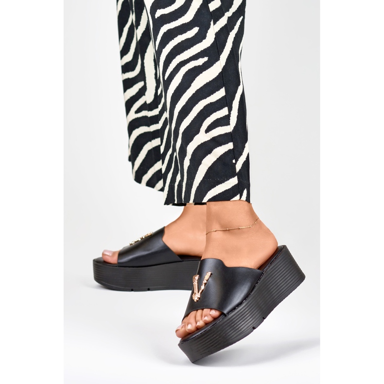 Women's black wedge sandals with gold decoration 2