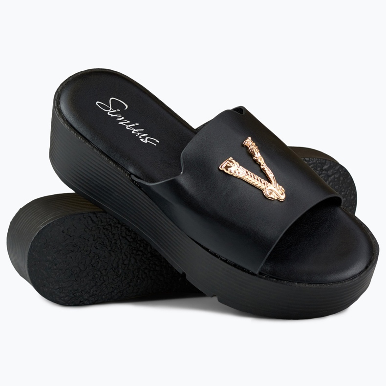 Women's black wedge sandals with gold decoration 1