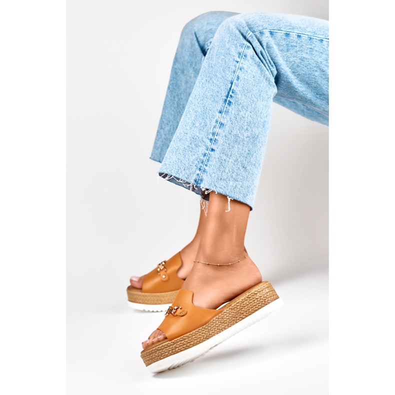 Women's orange slippers with a low wedge 2