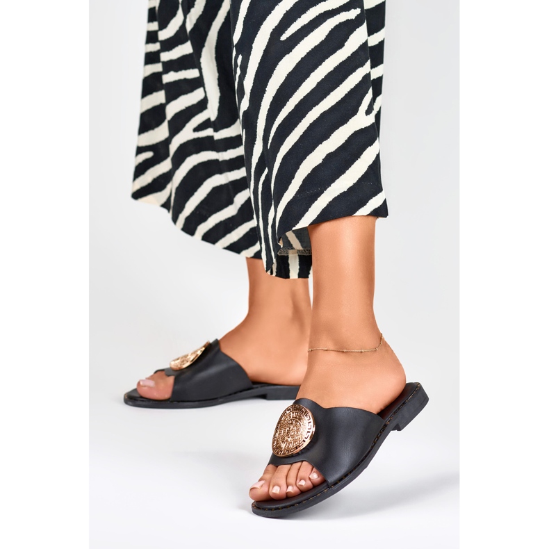 Women's black slippers with gold decoration 2