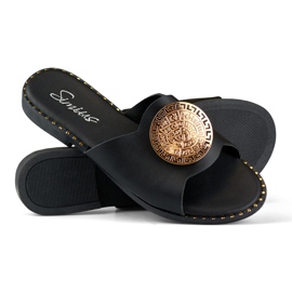 Women's black slippers with gold decoration 1