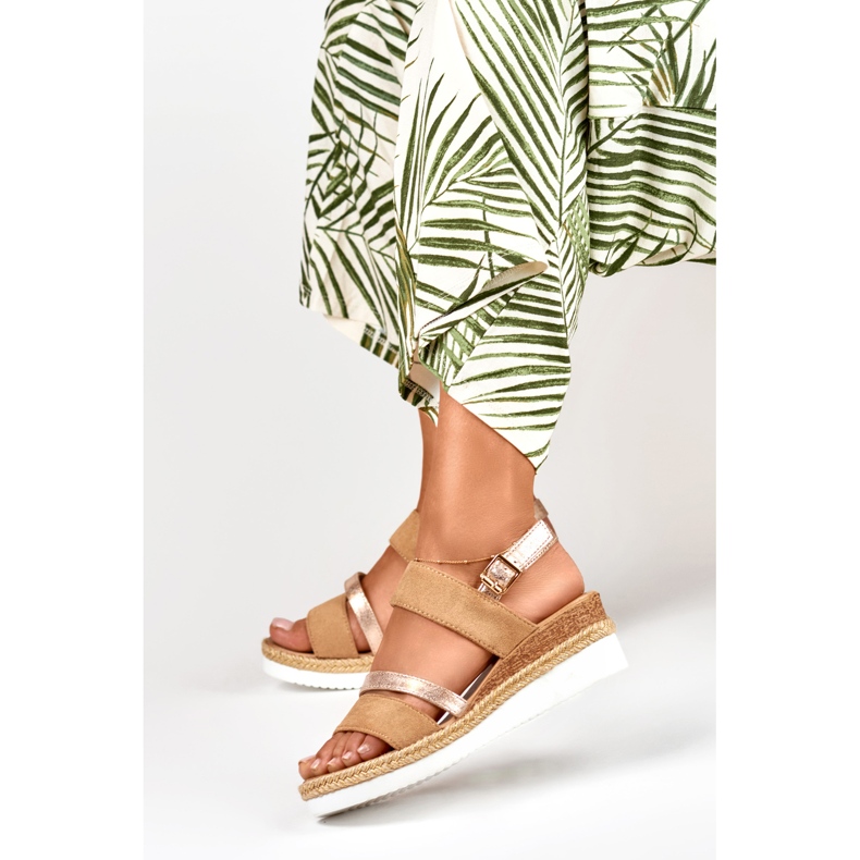 Ladies' beige sandals on a low wedge 2