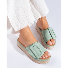 Mint suede espadrille slides on the Shelovet platform green 1