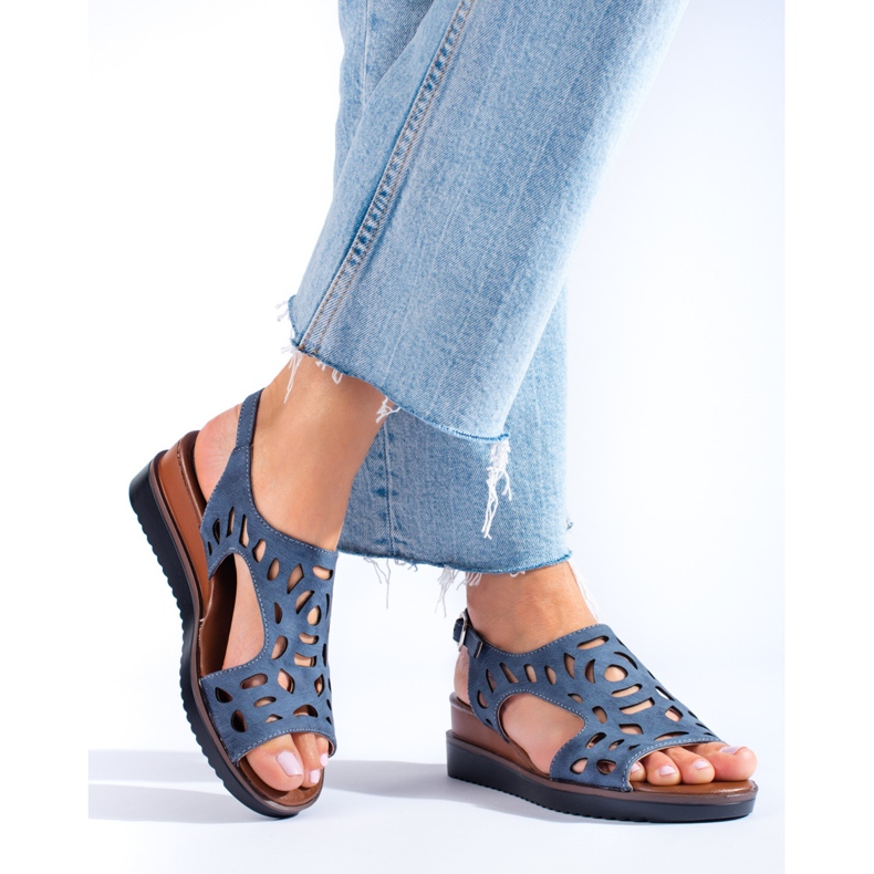 Women's navy blue openwork wedge sandals from Daszyński 1