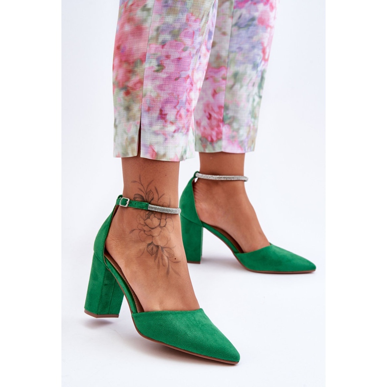 Suede Pumps With Green Diamond Cubic Zirconia 1