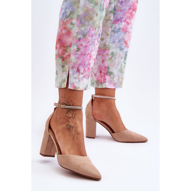 Dark Beige Diamond Suede Pumps With Cubic Zirconia 1