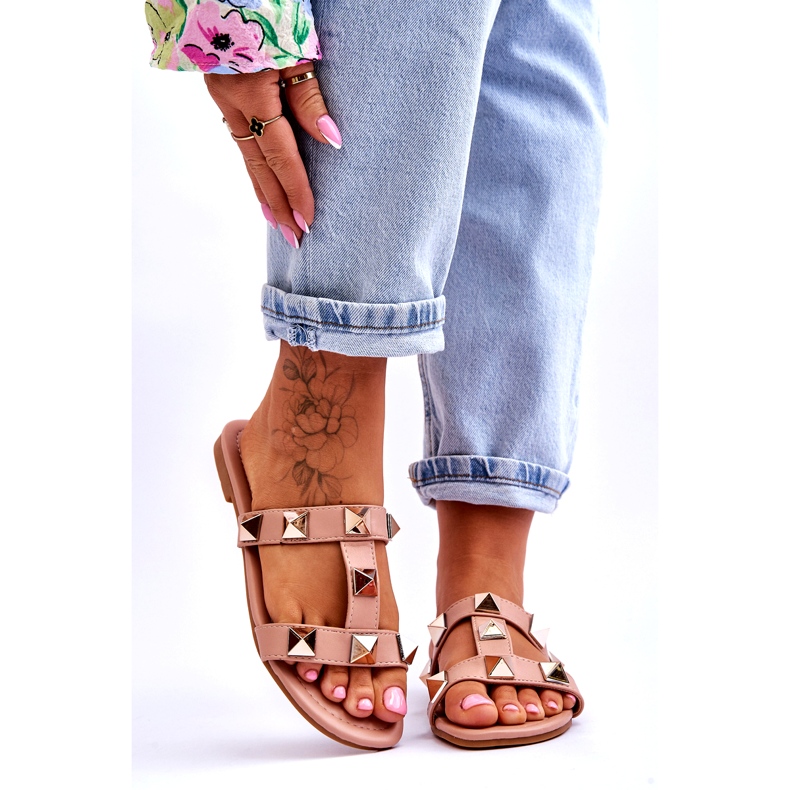 Women's slippers with large nude studs pink 1