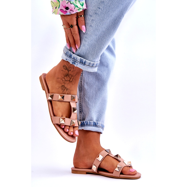 Women's slippers with large nude studs pink 4