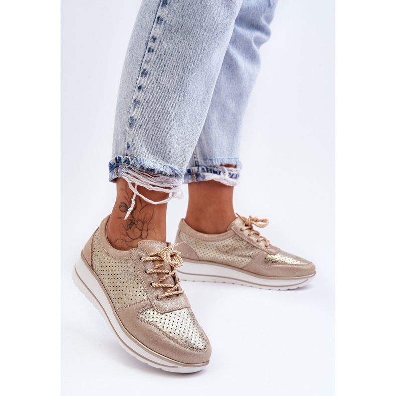 Leather Sports Shoes With Perforation S.Barski AL22246 Gold golden 1 Leather Sports Shoes With Perforation S.Barski AL22246 Gold golden 1
