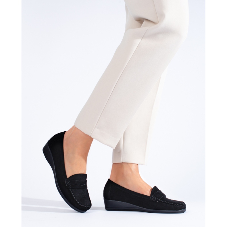 Black suede loafers with a low wedge from Shelovet 1