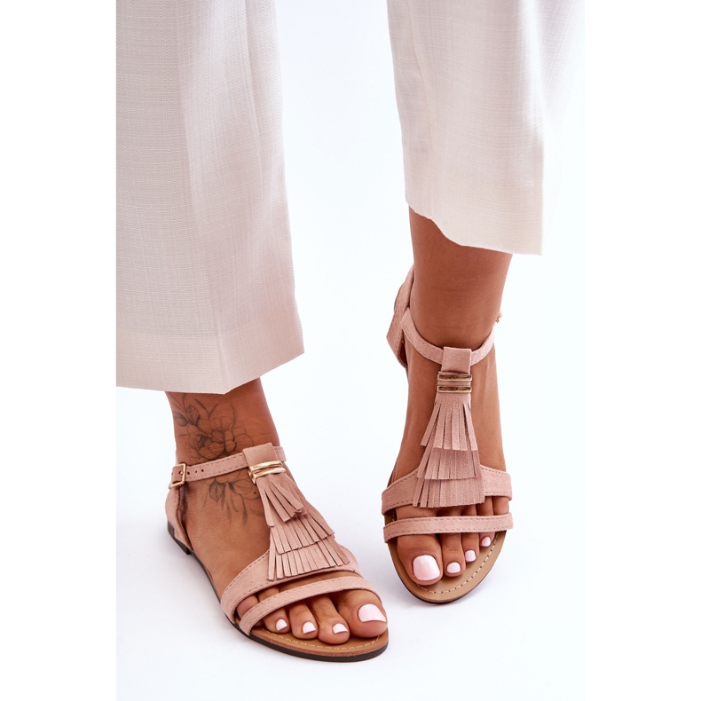 Flat Suede Sandals With Tassels Light Pink Viva 1
