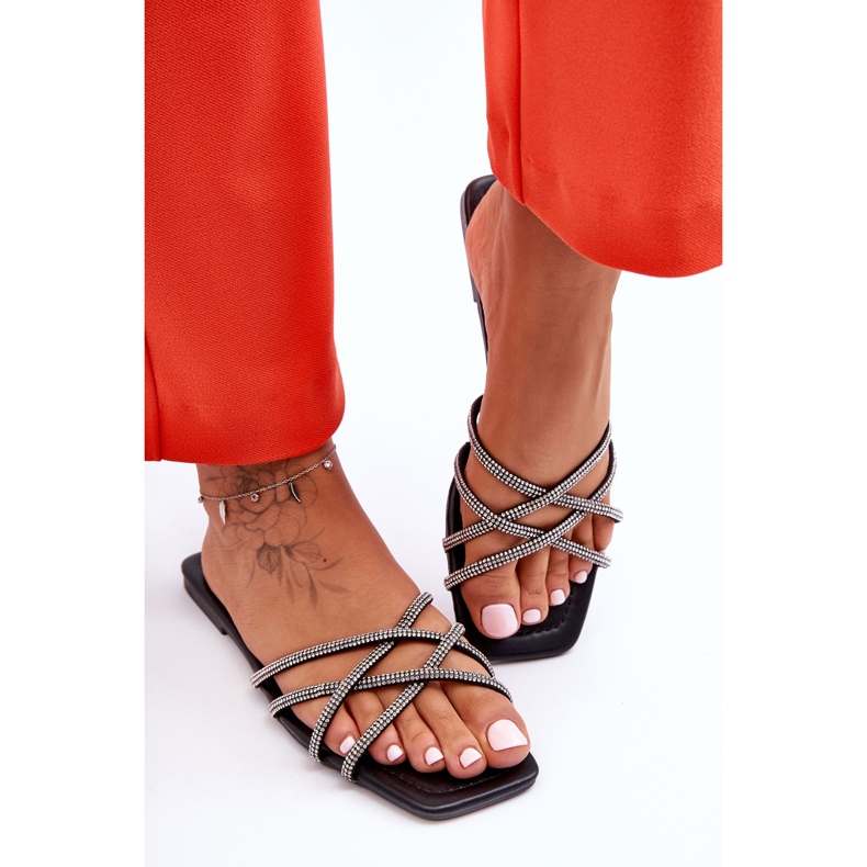 Women's Slippers With Stripes And Rhinestones Black Leomi 2 Women's Slippers With Stripes And Rhinestones Black Leomi 2