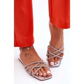 Women's Slippers With Stripes And Rhinestones Silver Leomi 1