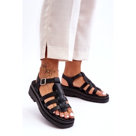 STEPHAN Leather Flat Sandals With Straps Black Diosa 4