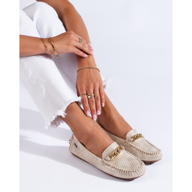 Openwork light suede moccasins Shelovet beige and gold 1