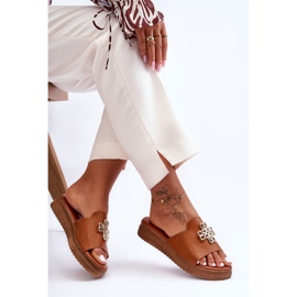 PG1 Women's Leather Platform Slippers With Decoration Brown Azera 1