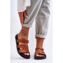 FJ1 Leather Classic Women's Velcro Slippers Brown Amedon 2
