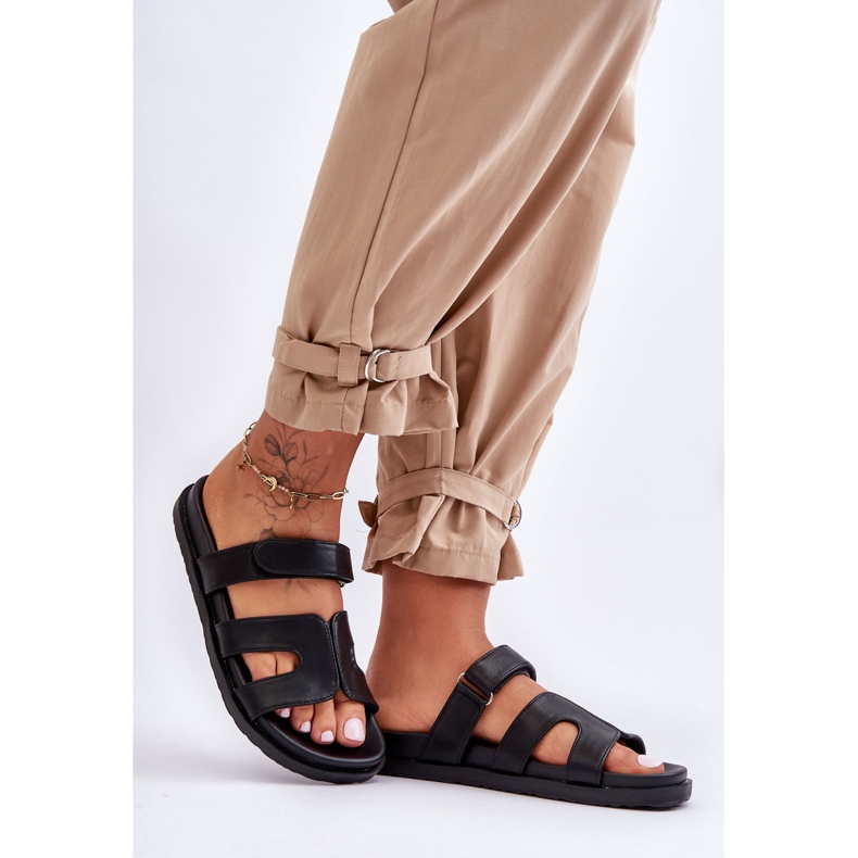 Leather Classic Women's Slides With Velcro Black Amedon 1