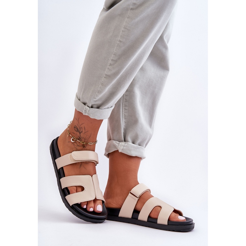 Leather Classic Women's Velcro Slippers Beige Amedon 2