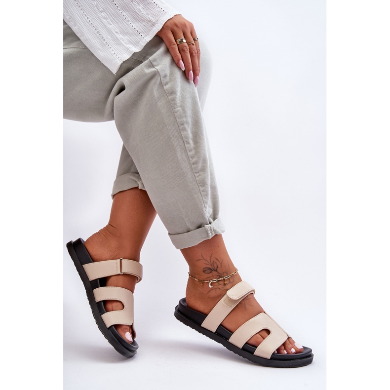 Leather Classic Women's Velcro Slippers Beige Amedon 1