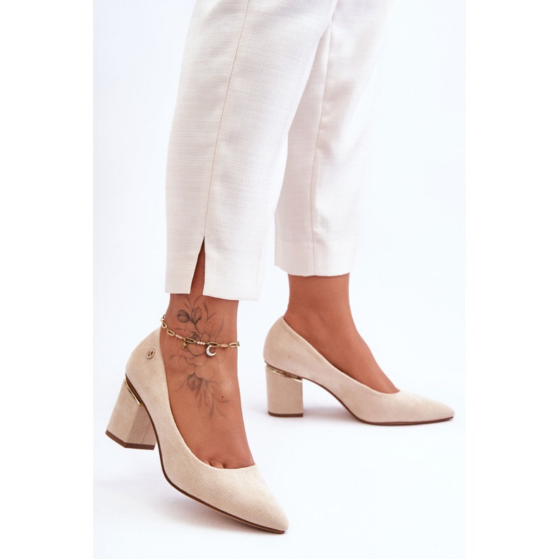 Classic Suede High Heel Pumps With Light Beige Derren Embellishment 1