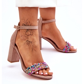 Fashionable High Heels Sandals With Decorative Stones Beige Love Me 4