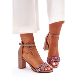 Fashionable High Heels Sandals With Decorative Stones Beige Love Me 3