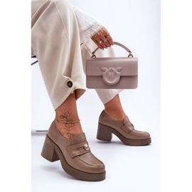 Lemar Women's Leather Shoes On Heel Dark Beige Dunadia 1