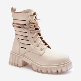 Fashionable Worker Boots With A Decorative Stripe Beige Rocky 1
