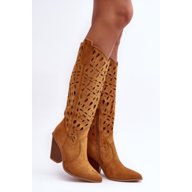 Suede Openwork Cowboy Boots Brown Nisu 1