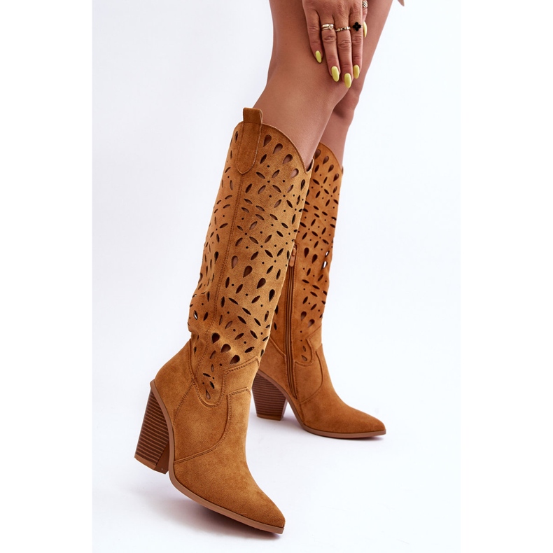 Suede Openwork Cowboy Boots Brown Nisu 2