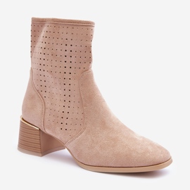 Suede Openwork High Heel Boots Beige Pearls 1