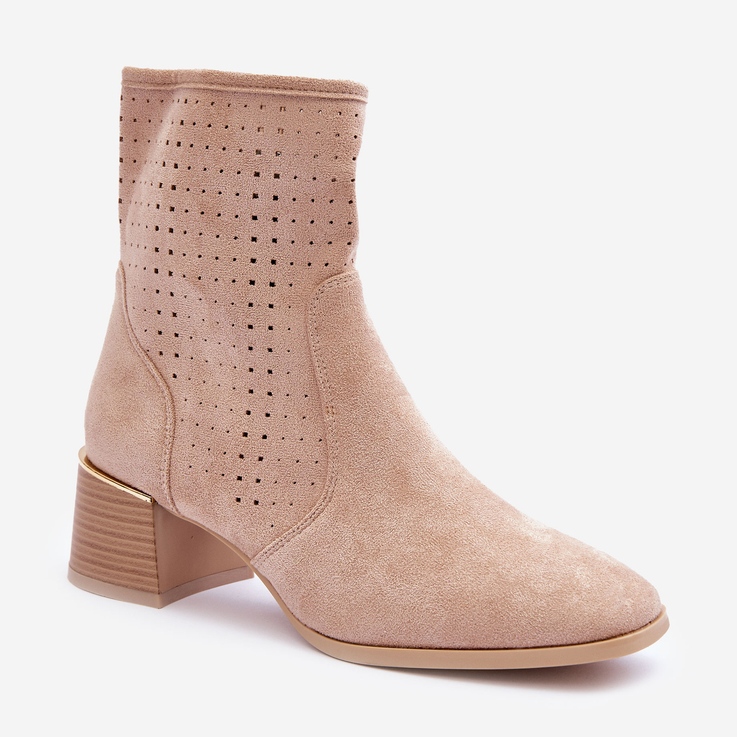 Suede Openwork High Heel Boots Beige Pearls 1