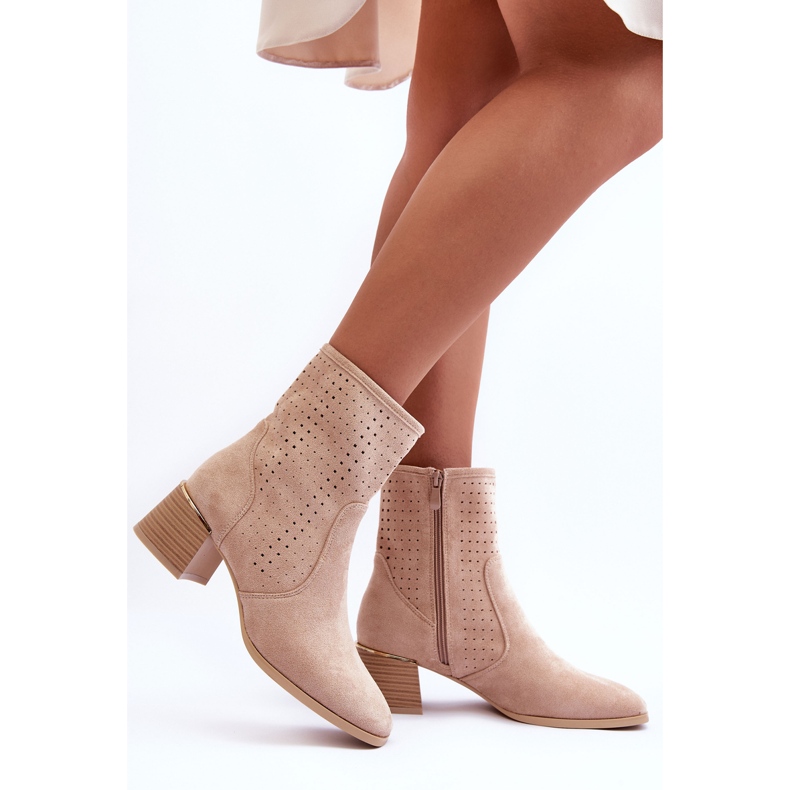 Suede Openwork High Heel Boots Beige Pearls 2