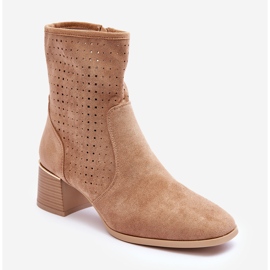 PG1 Suede Openwork High Heel Boots Dark Beige Pearls 1