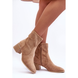 PG1 Suede Openwork High Heel Boots Dark Beige Pearls 2