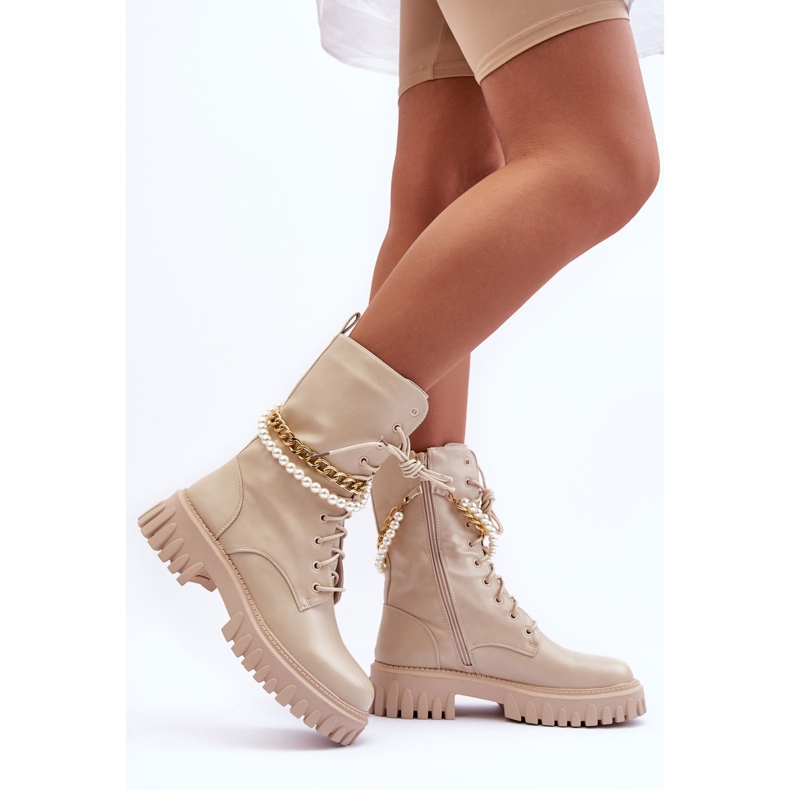 Leather Tall Workers With Chain Beige Nameer 2