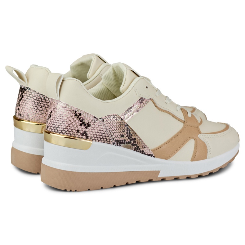 Ladies' beige lace-up shoes with a low wedge 1