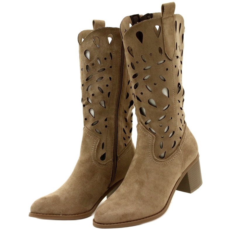 M.Daszyński Women's Openwork Suede Boots MR2337-3 Beige 3